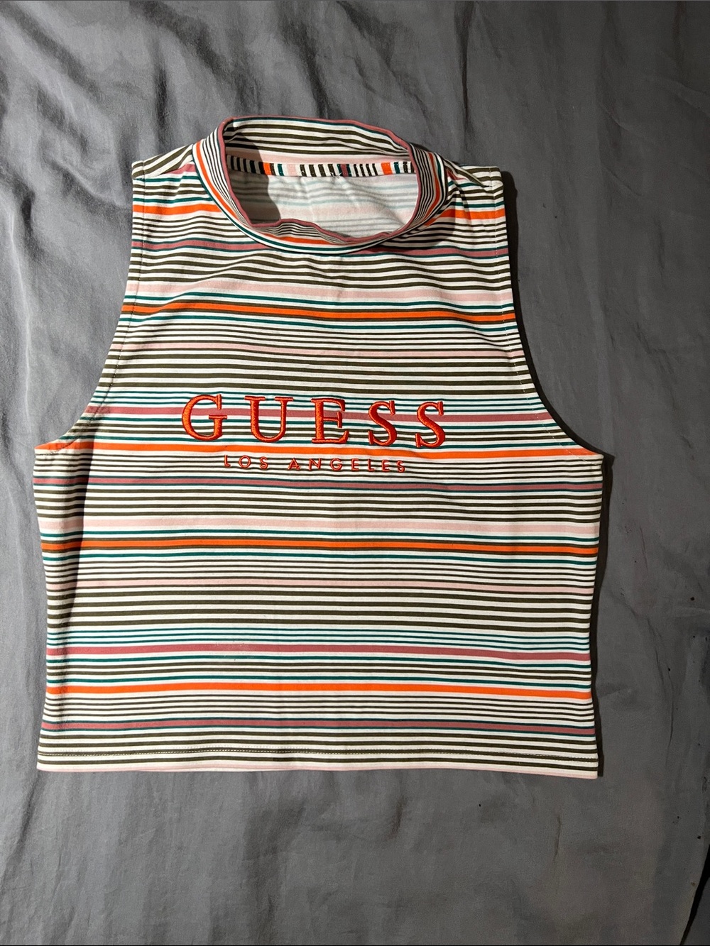 GUESS Striped Mock Neck Crop Tank in Orange, Teal & Black LIKE NEW!!!!